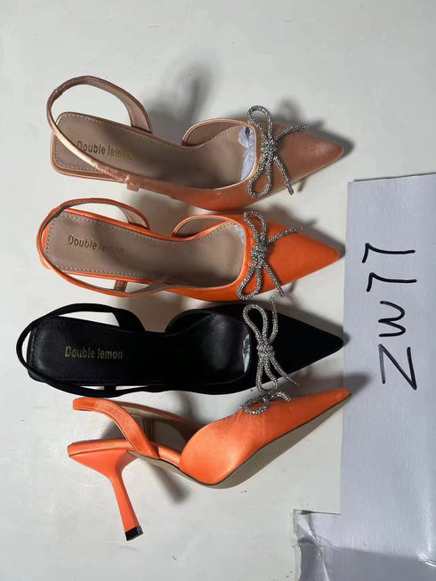 New Women Pointed Toe Butterfly Knot Crystal Pumps Flock Thin Heel